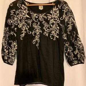 Black Linen Top with White Stitch Detail